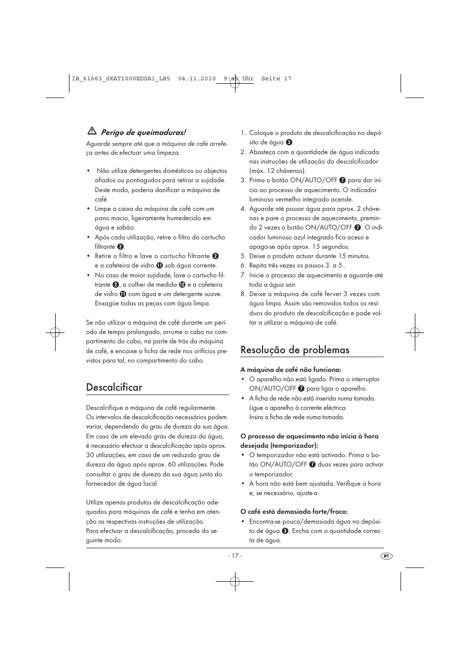 Descalcificar, Resolução de problemas, Perigo de queimaduras | Silvercrest SKAT 1000 EDS A1 User Manual | Page 19 / 33