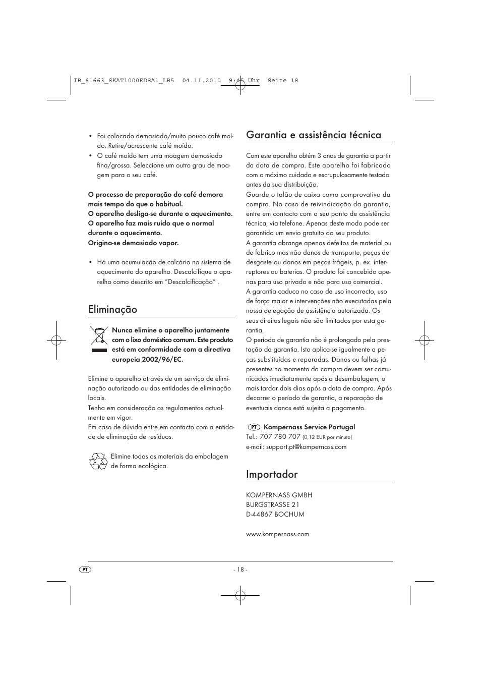 Eliminação, Garantia e assistência técnica, Importador | Silvercrest SKAT 1000 EDS A1 User Manual | Page 20 / 33