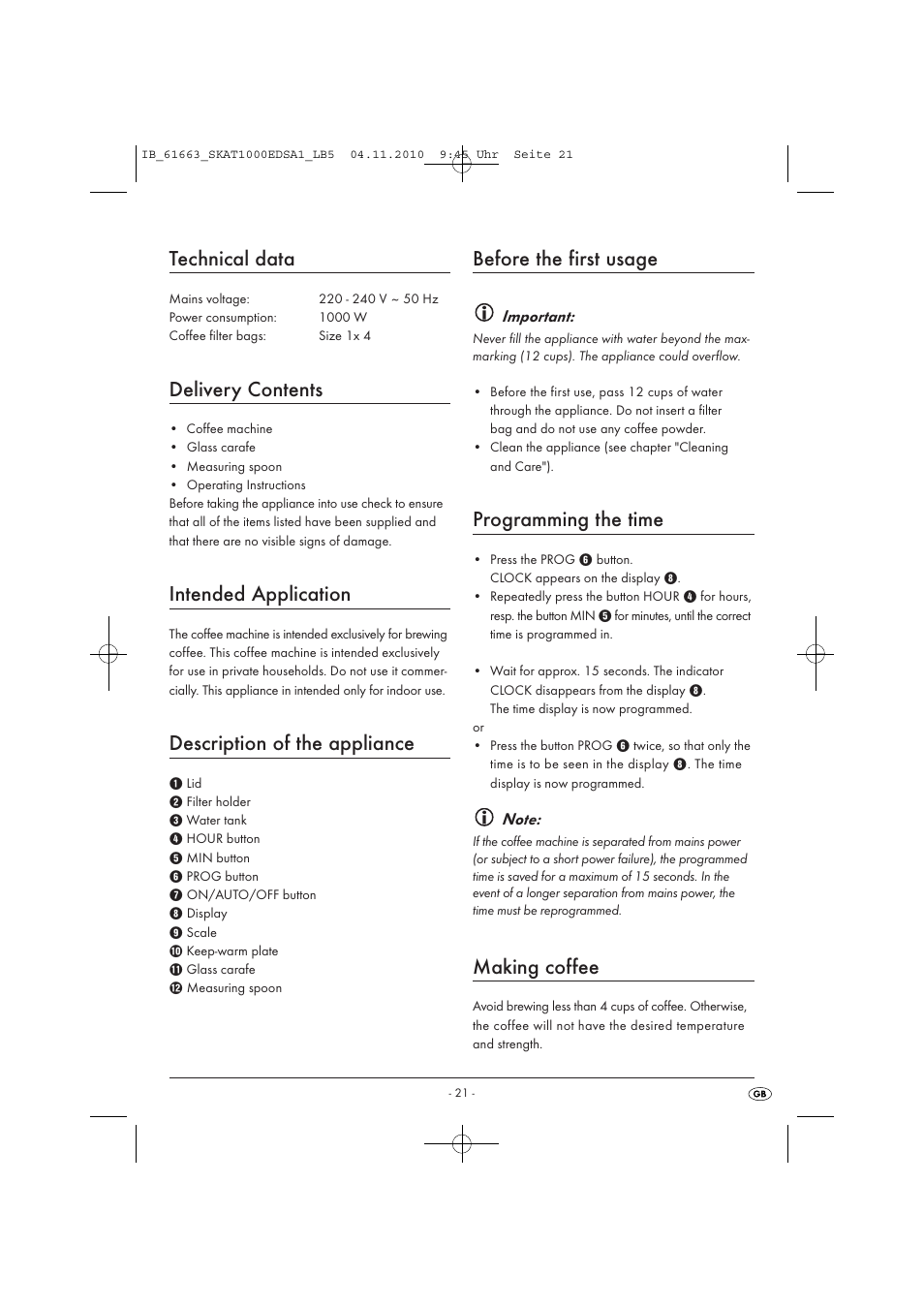 Technical data, Delivery contents, Intended application | Description of the appliance, Before the first usage, Programming the time, Making coffee | Silvercrest SKAT 1000 EDS A1 User Manual | Page 23 / 33