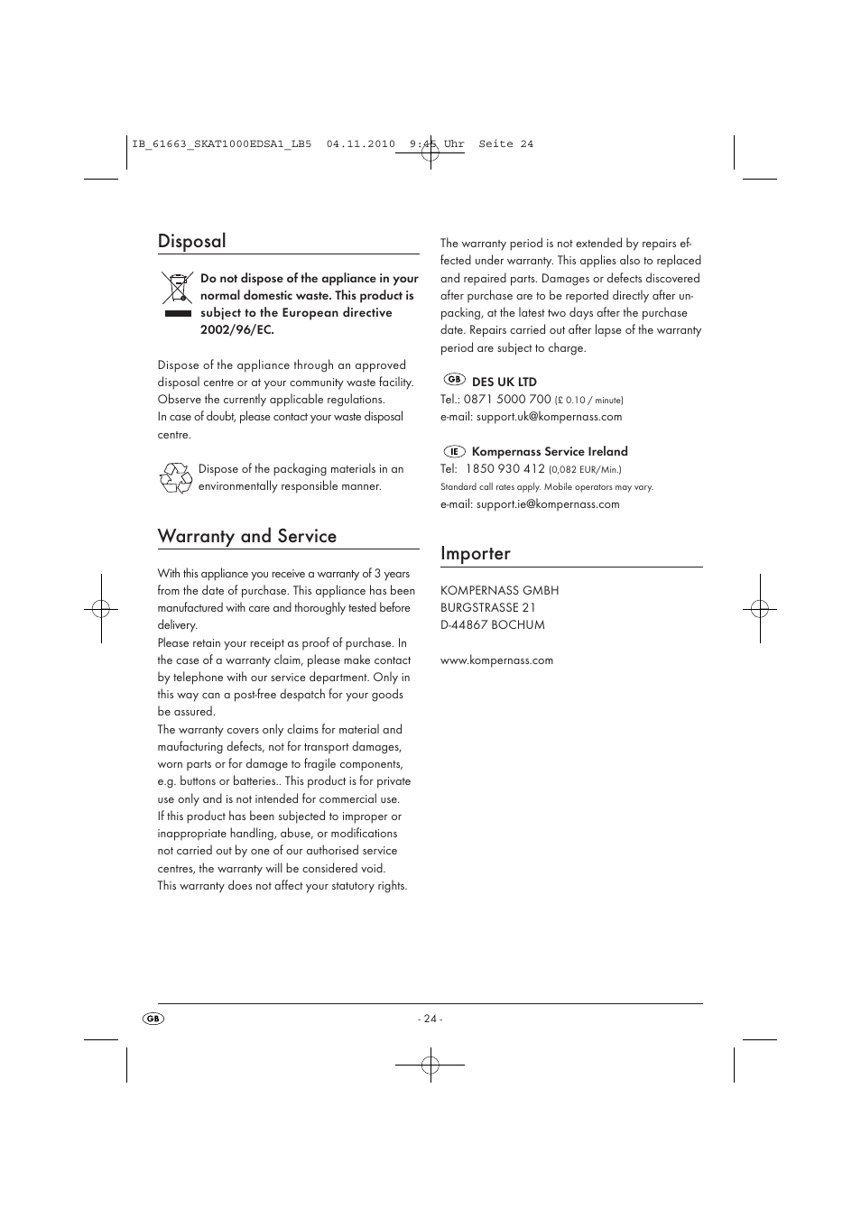 Disposal, Warranty and service, Importer | Silvercrest SKAT 1000 EDS A1 User Manual | Page 26 / 33