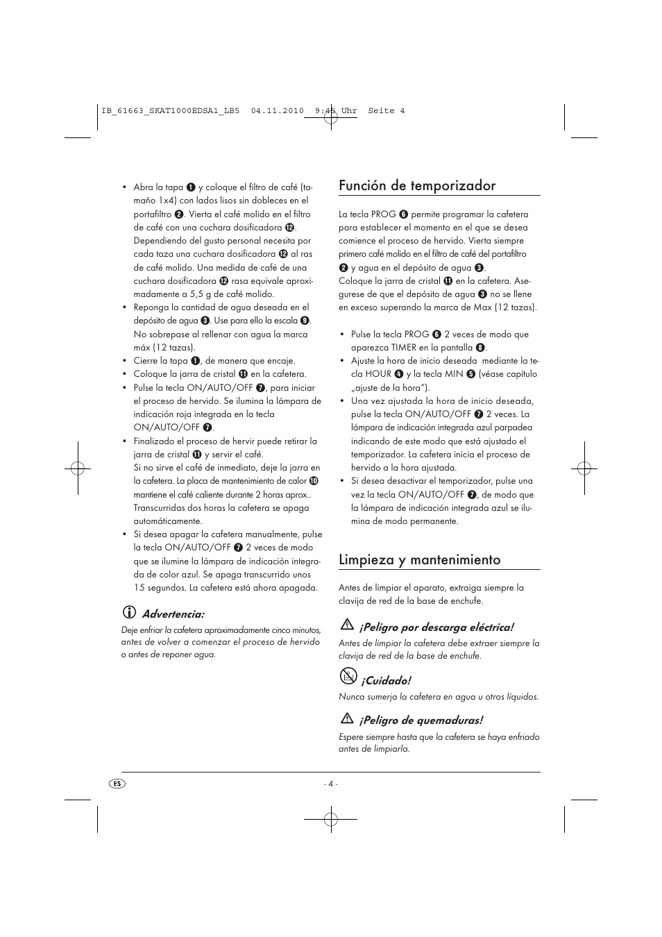 Función de temporizador, Limpieza y mantenimiento, Advertencia | Peligro por descarga eléctrica, Cuidado, Peligro de quemaduras | Silvercrest SKAT 1000 EDS A1 User Manual | Page 6 / 33