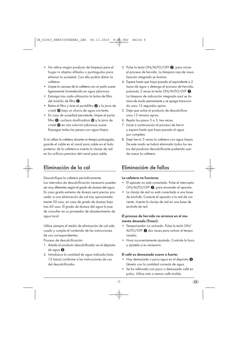 Eliminación de la cal, Eliminacióm de fallos | Silvercrest SKAT 1000 EDS A1 User Manual | Page 7 / 33