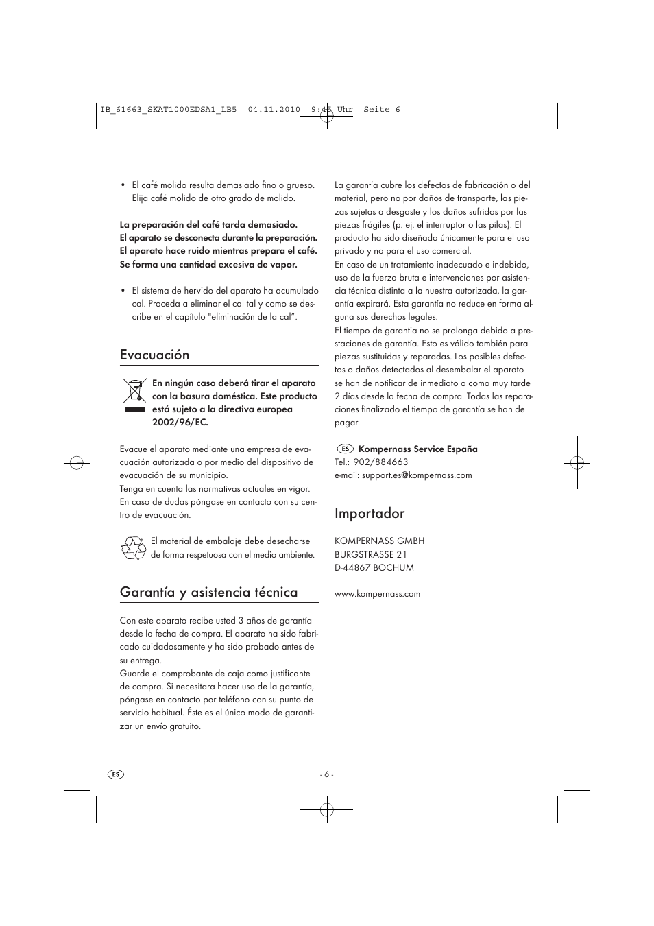Evacuación, Garantía y asistencia técnica, Importador | Silvercrest SKAT 1000 EDS A1 User Manual | Page 8 / 33