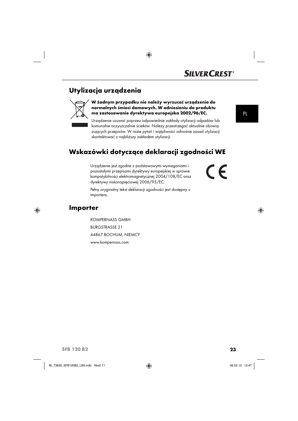 Utylizacja urządzenia, Wskazówki dotyczące deklaracji zgodności we, Importer | Silvercrest SFB 120 B2 User Manual | Page 25 / 86