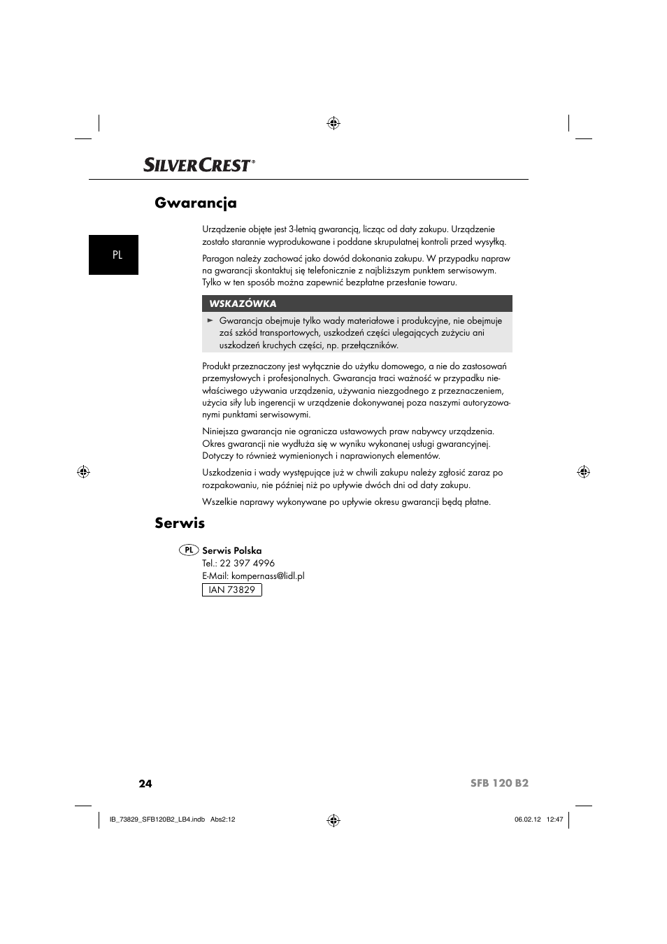 Gwarancja, Serwis | Silvercrest SFB 120 B2 User Manual | Page 26 / 86