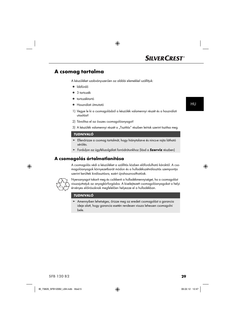 A csomag tartalma, A csomagolás ártalmatlanítása | Silvercrest SFB 120 B2 User Manual | Page 31 / 86