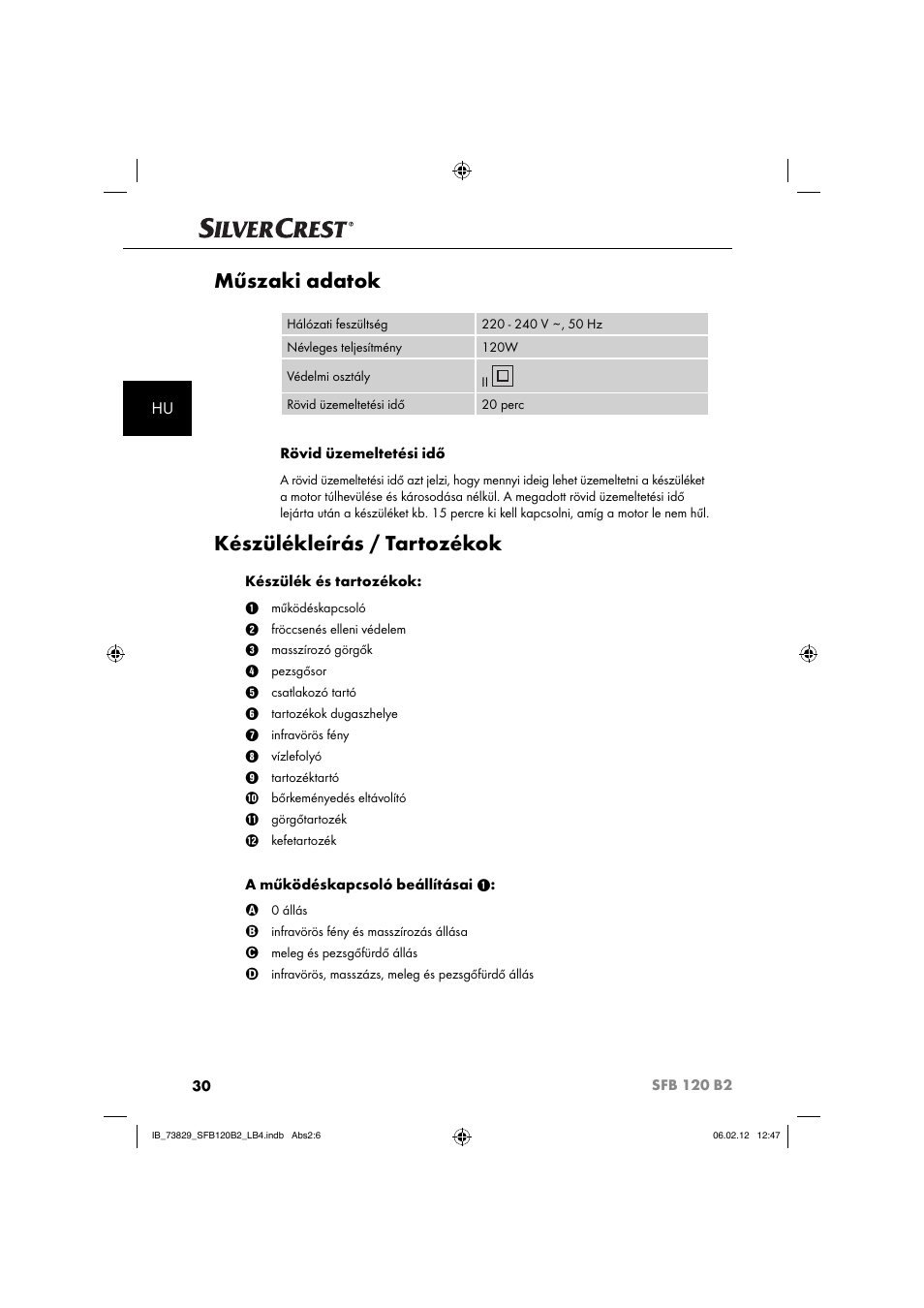 Műszaki adatok, Készülékleírás / tartozékok | Silvercrest SFB 120 B2 User Manual | Page 32 / 86