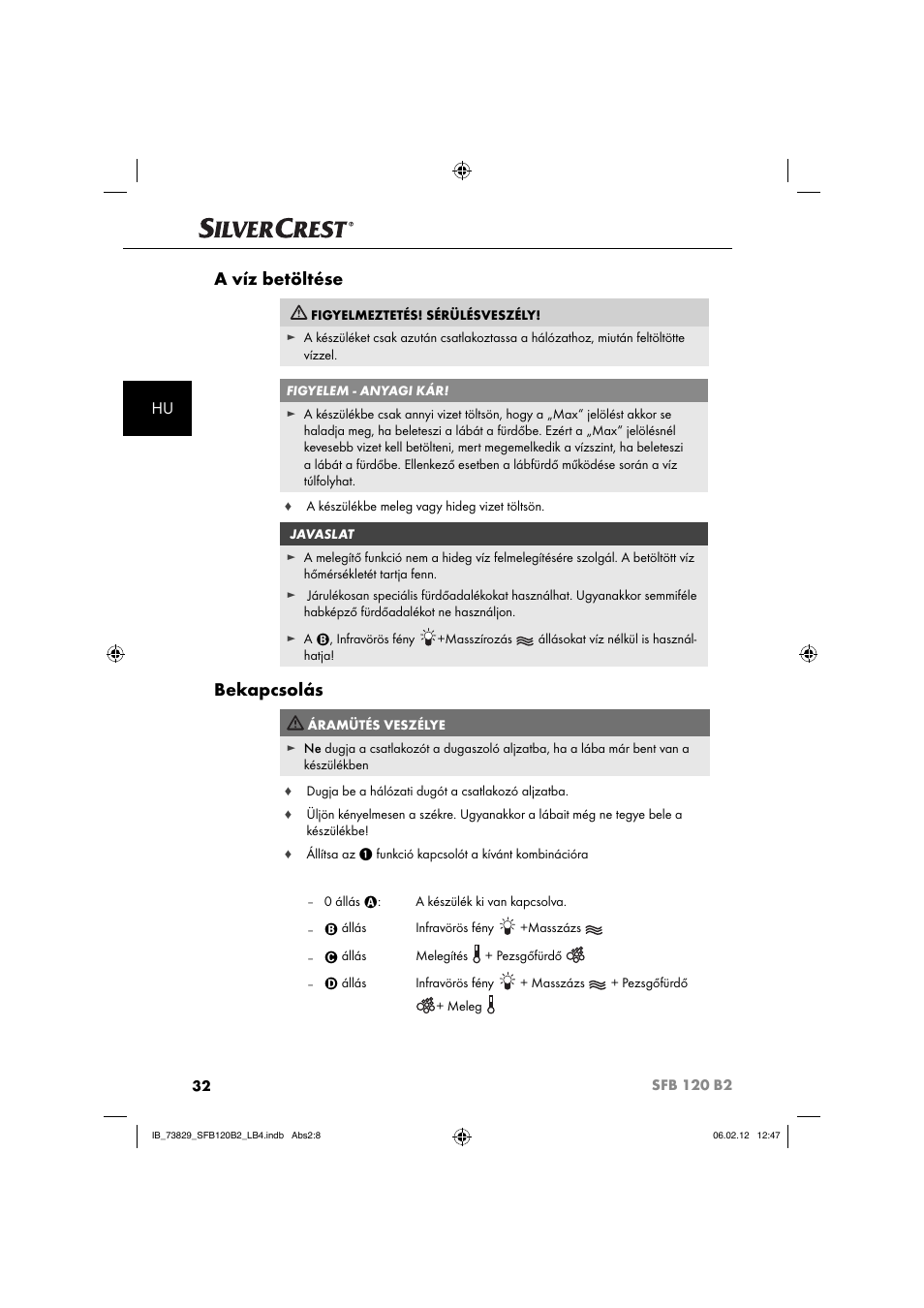 A víz betöltése, Bekapcsolás | Silvercrest SFB 120 B2 User Manual | Page 34 / 86