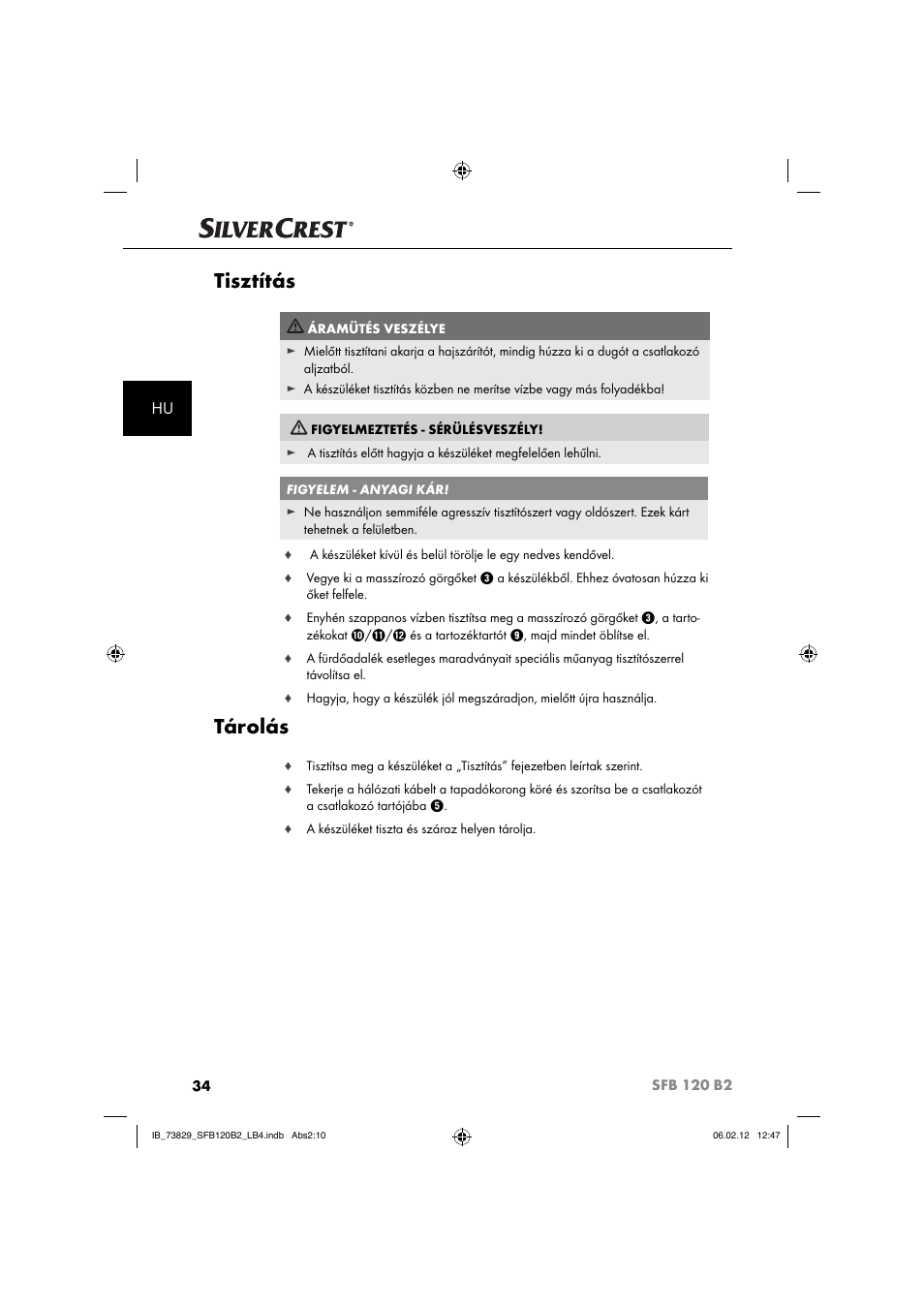 Tisztítás, Tárolás | Silvercrest SFB 120 B2 User Manual | Page 36 / 86