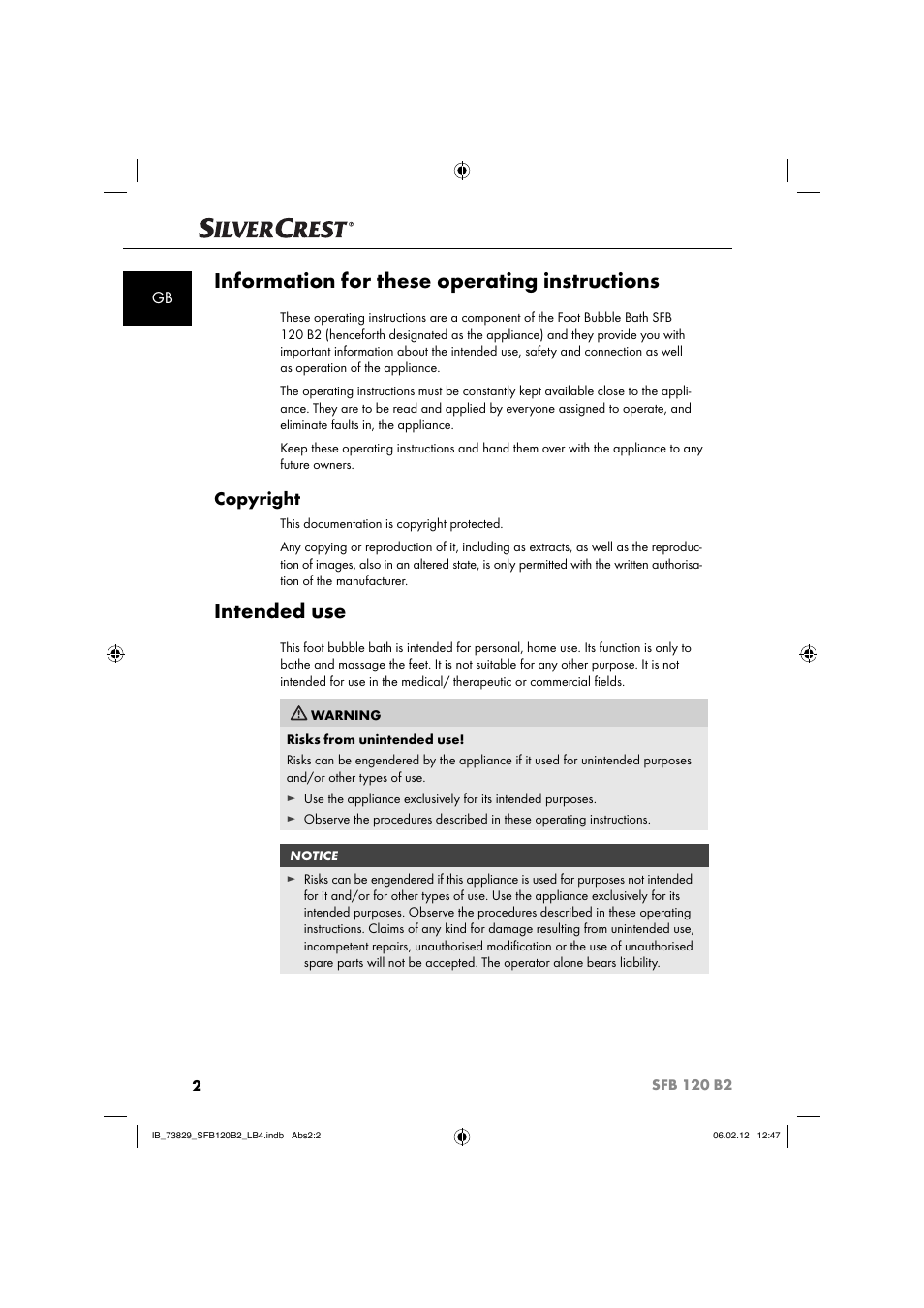 Information for these operating instructions, Intended use, Copyright | Silvercrest SFB 120 B2 User Manual | Page 4 / 86