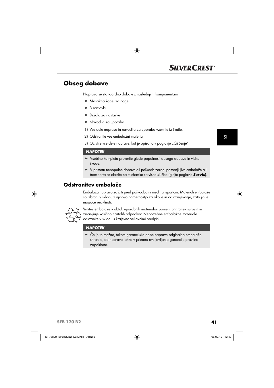 Obseg dobave, Odstranitev embalaže | Silvercrest SFB 120 B2 User Manual | Page 43 / 86