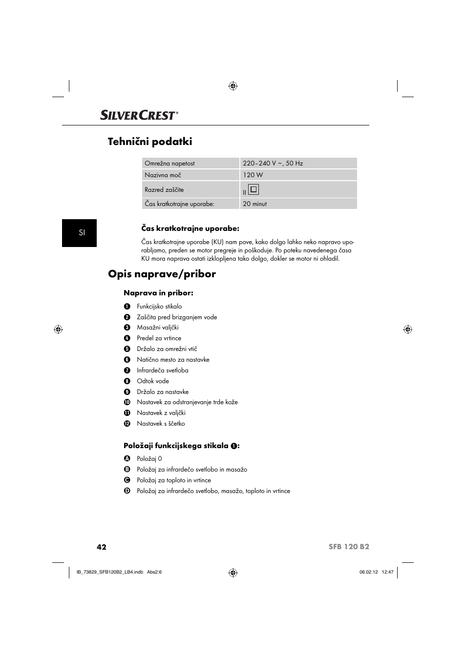 Tehnični podatki, Opis naprave/pribor | Silvercrest SFB 120 B2 User Manual | Page 44 / 86