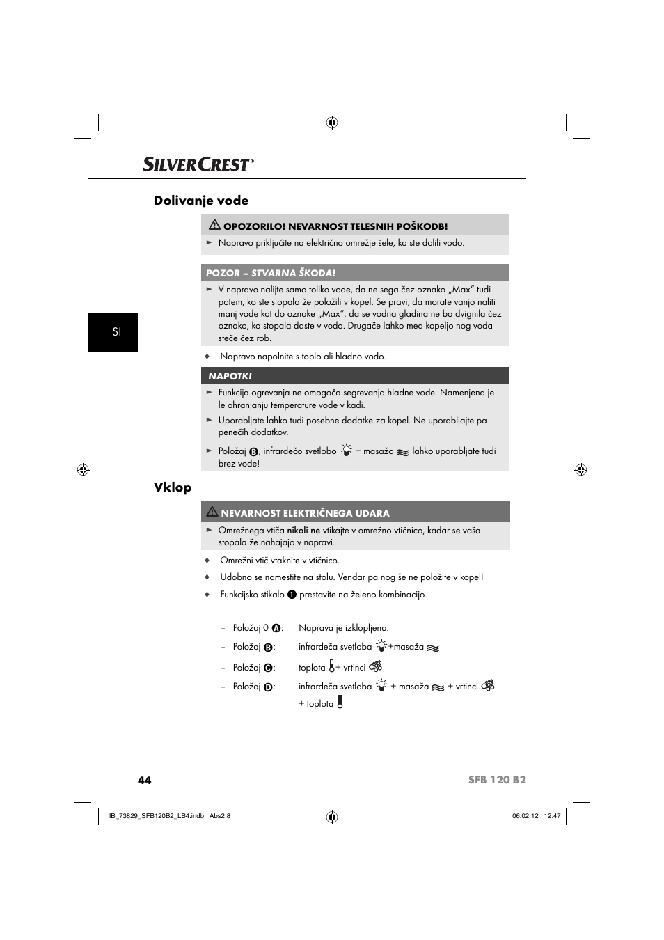 Dolivanje vode, Vklop | Silvercrest SFB 120 B2 User Manual | Page 46 / 86