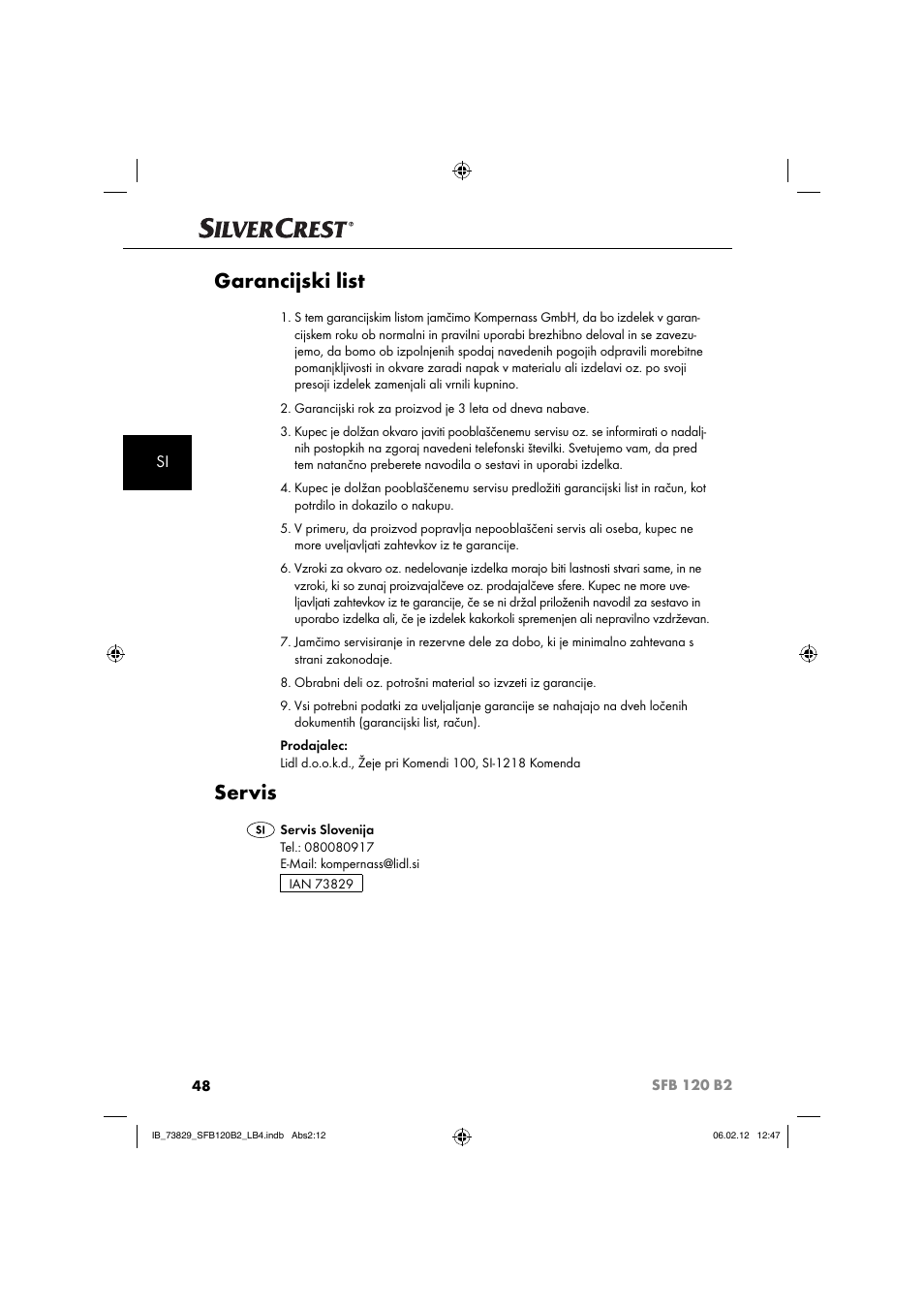 Garancijski list, Servis | Silvercrest SFB 120 B2 User Manual | Page 50 / 86