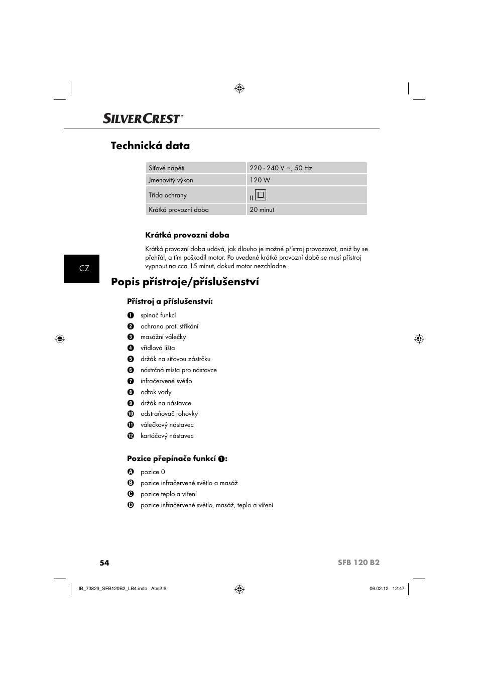 Technická data, Popis přístroje/příslušenství | Silvercrest SFB 120 B2 User Manual | Page 56 / 86