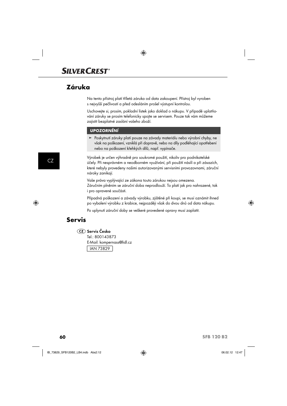 Záruka, Servis | Silvercrest SFB 120 B2 User Manual | Page 62 / 86