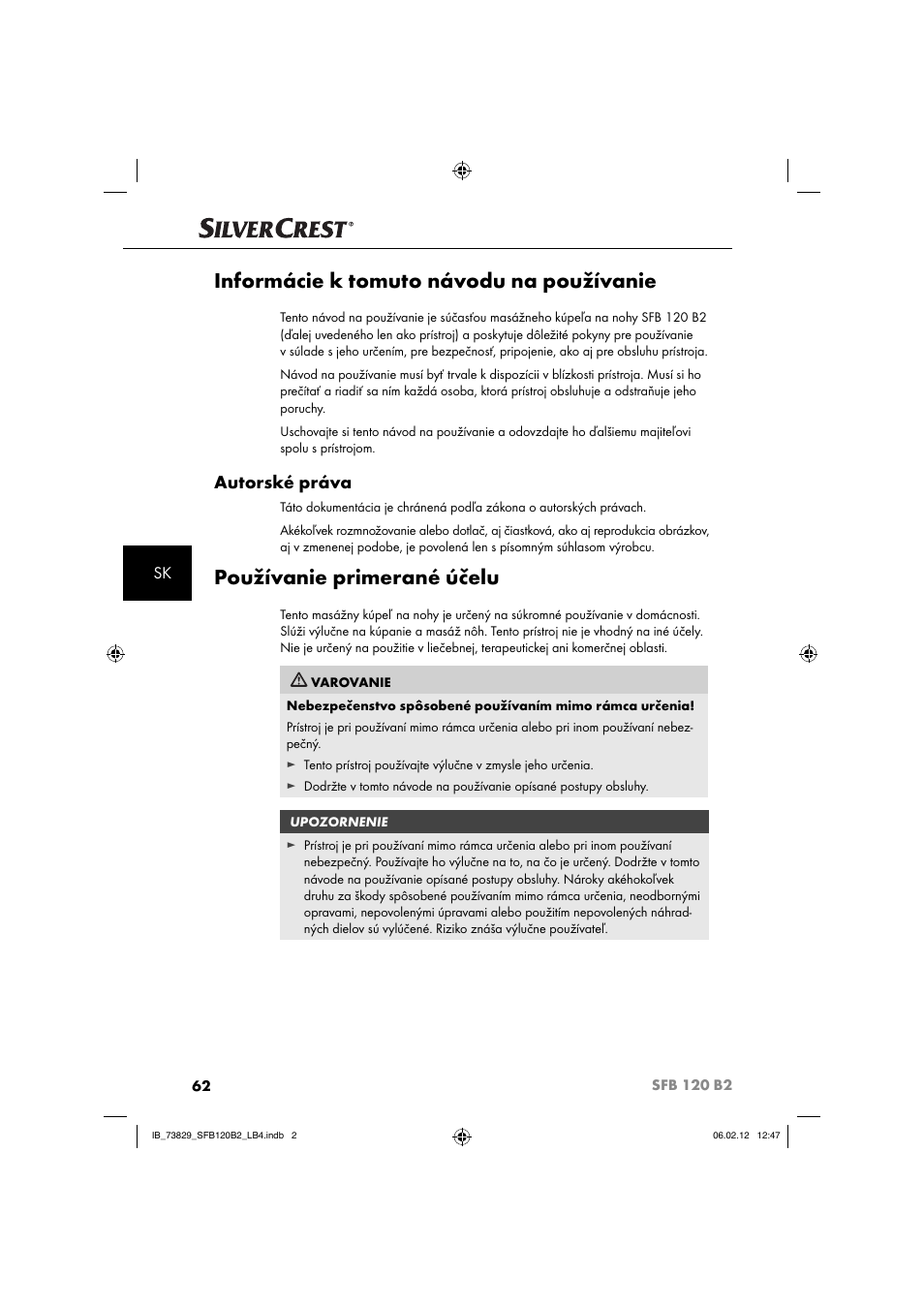 Informácie k tomuto návodu na používanie, Používanie primerané účelu, Autorské práva | Silvercrest SFB 120 B2 User Manual | Page 64 / 86