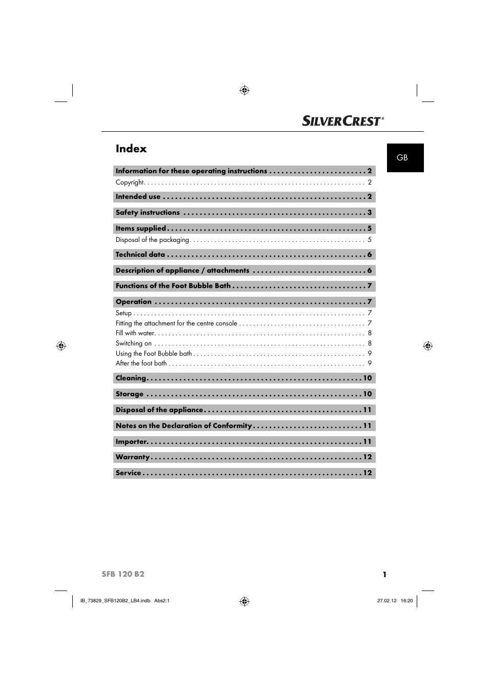 Index | Silvercrest SFB 120 B2 User Manual | Page 65 / 86