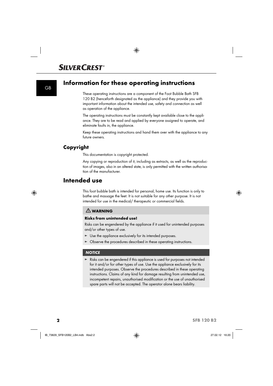 Information for these operating instructions, Intended use, Copyright | Silvercrest SFB 120 B2 User Manual | Page 66 / 86
