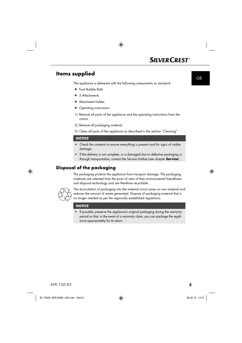 Items supplied, Disposal of the packaging | Silvercrest SFB 120 B2 User Manual | Page 7 / 86
