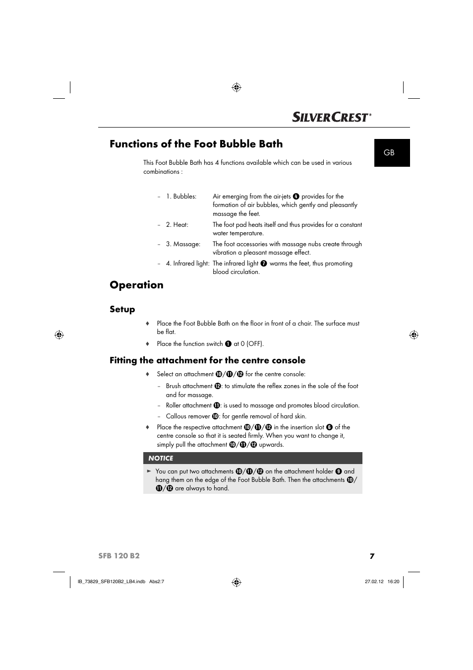 Functions of the foot bubble bath, Operation, Setup | Fitting the attachment for the centre console | Silvercrest SFB 120 B2 User Manual | Page 71 / 86