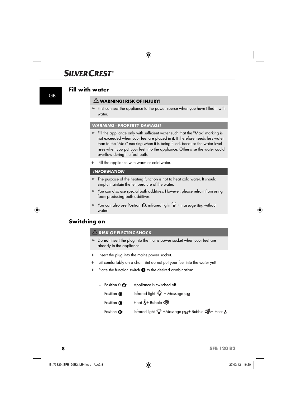 Fill with water, Switching on | Silvercrest SFB 120 B2 User Manual | Page 72 / 86