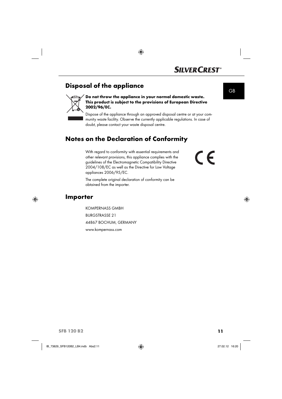 Disposal of the appliance, Importer | Silvercrest SFB 120 B2 User Manual | Page 75 / 86