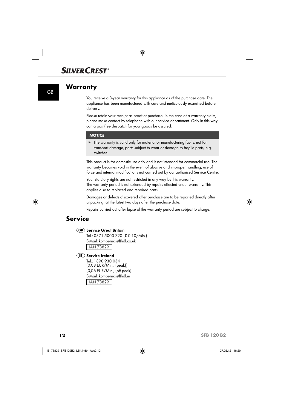 Warranty, Service | Silvercrest SFB 120 B2 User Manual | Page 76 / 86