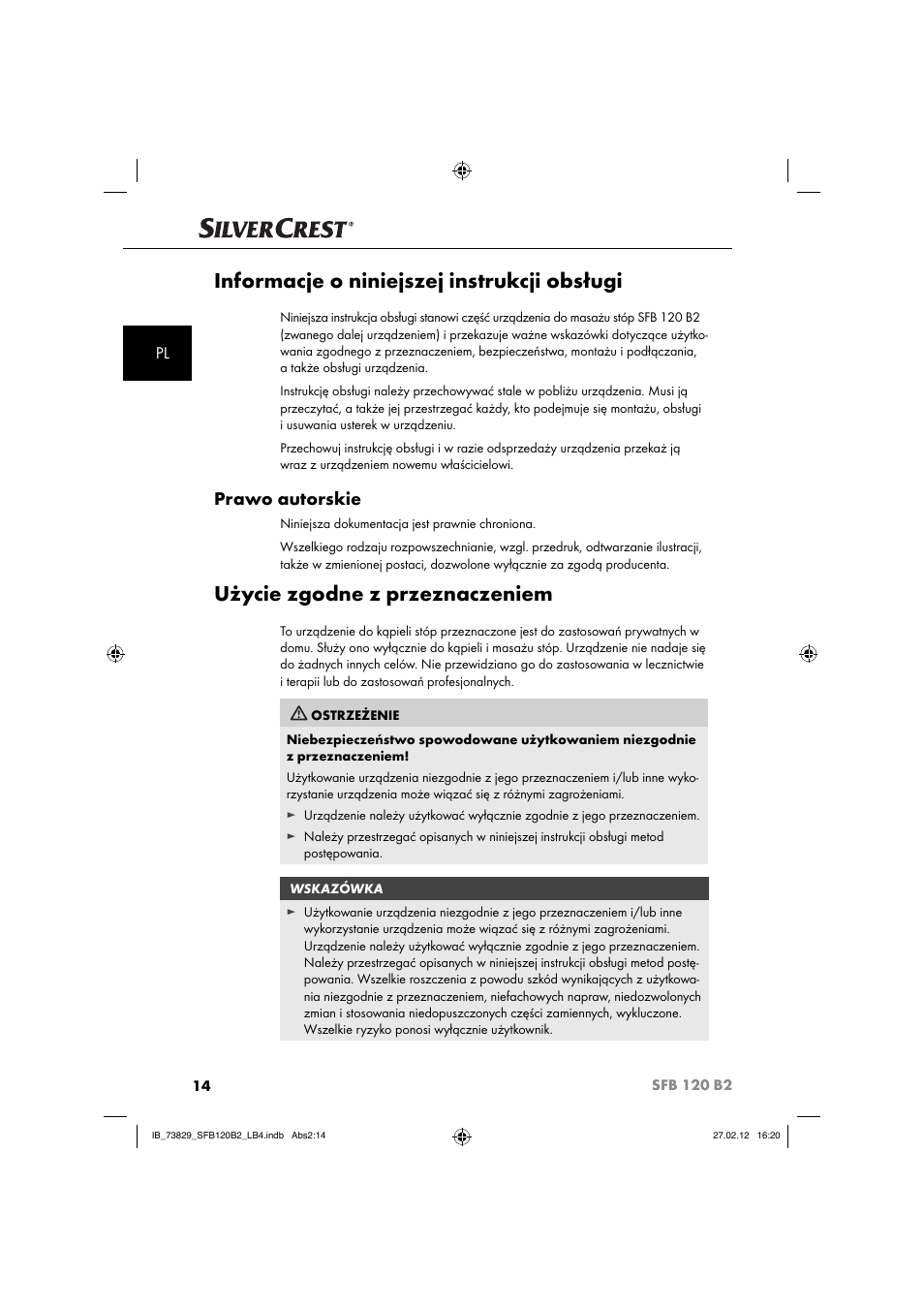 Informacje o niniejszej instrukcji obsługi, Użycie zgodne z przeznaczeniem, Prawo autorskie | Silvercrest SFB 120 B2 User Manual | Page 78 / 86