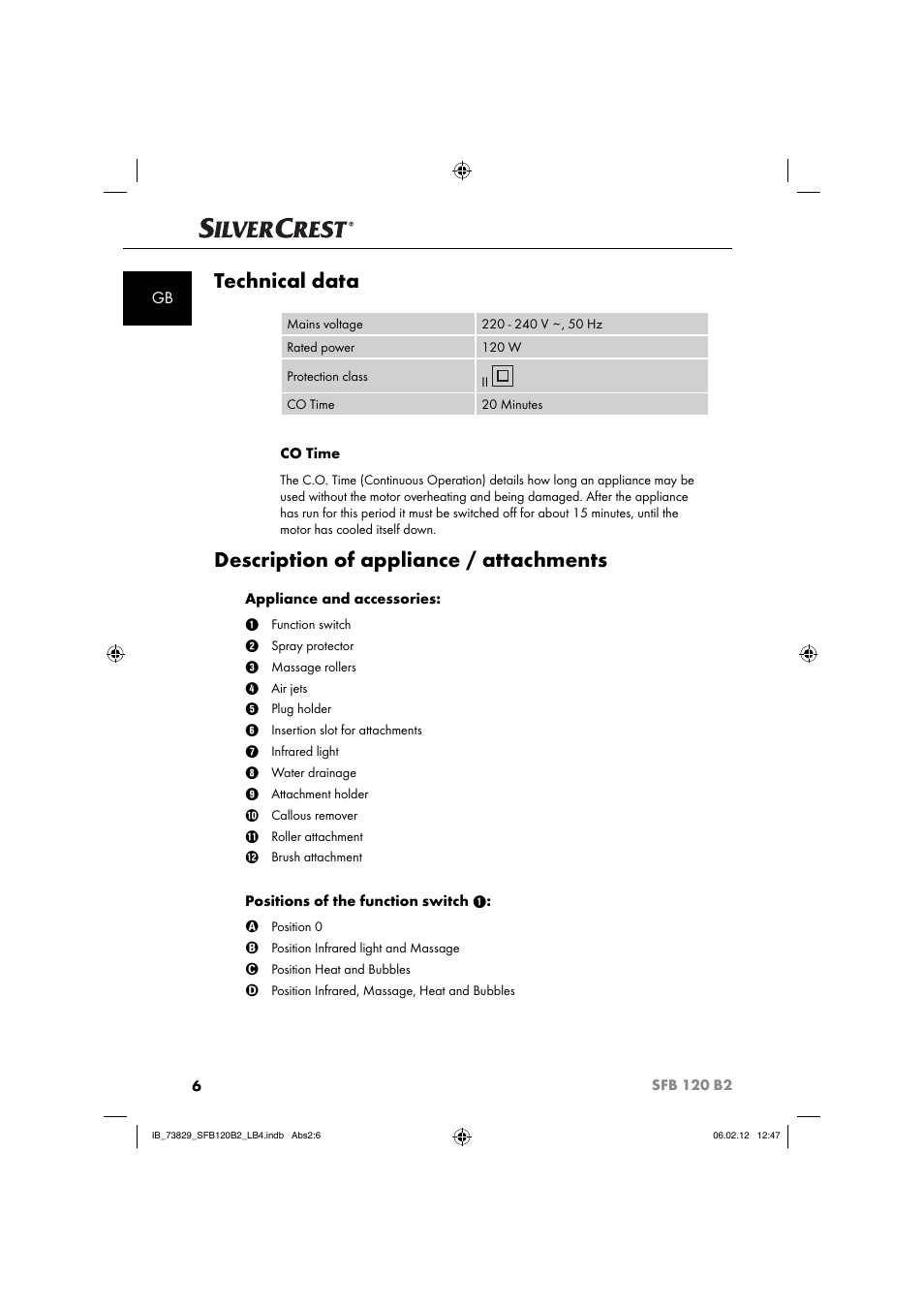 Technical data, Description of appliance / attachments | Silvercrest SFB 120 B2 User Manual | Page 8 / 86