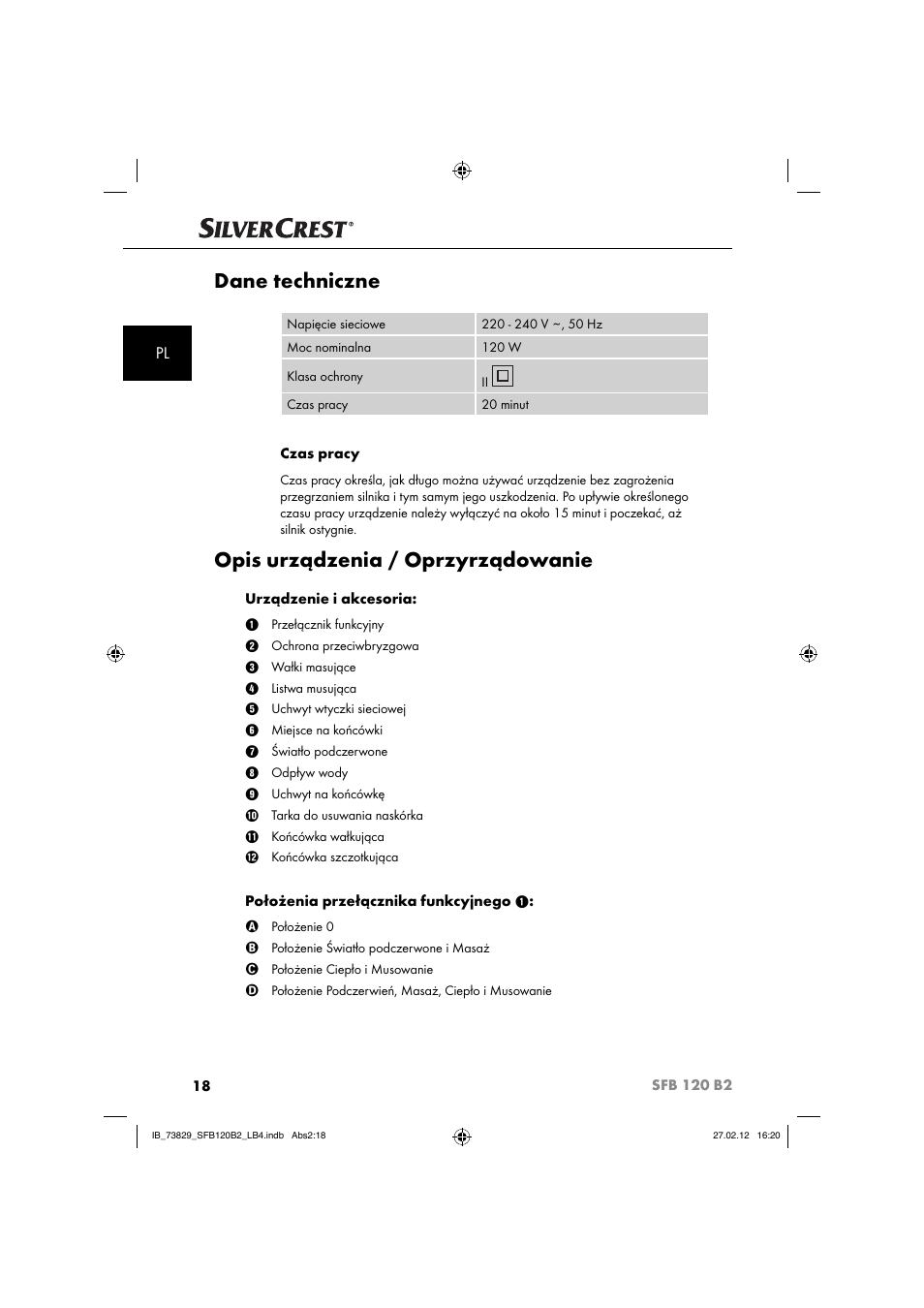 Dane techniczne, Opis urządzenia / oprzyrządowanie | Silvercrest SFB 120 B2 User Manual | Page 82 / 86
