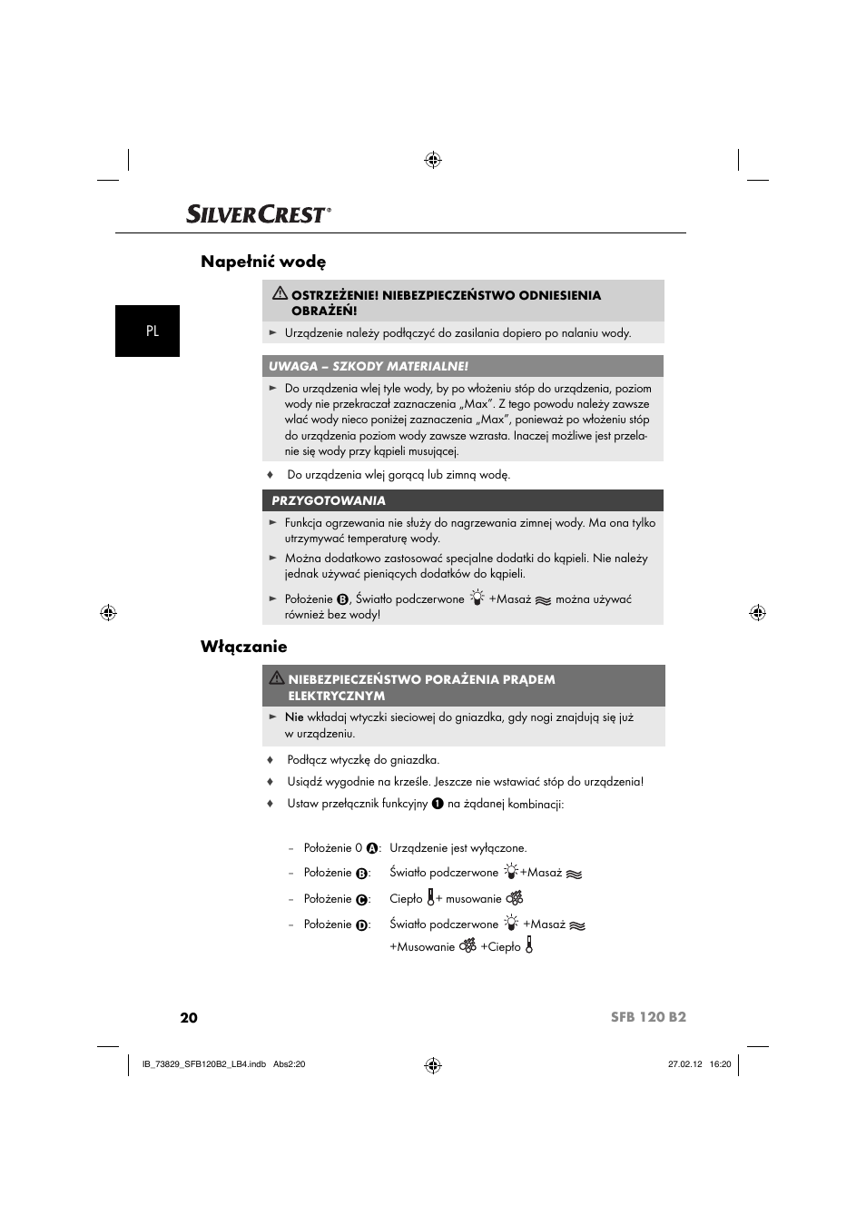 Napełnić wodę, Włączanie | Silvercrest SFB 120 B2 User Manual | Page 84 / 86