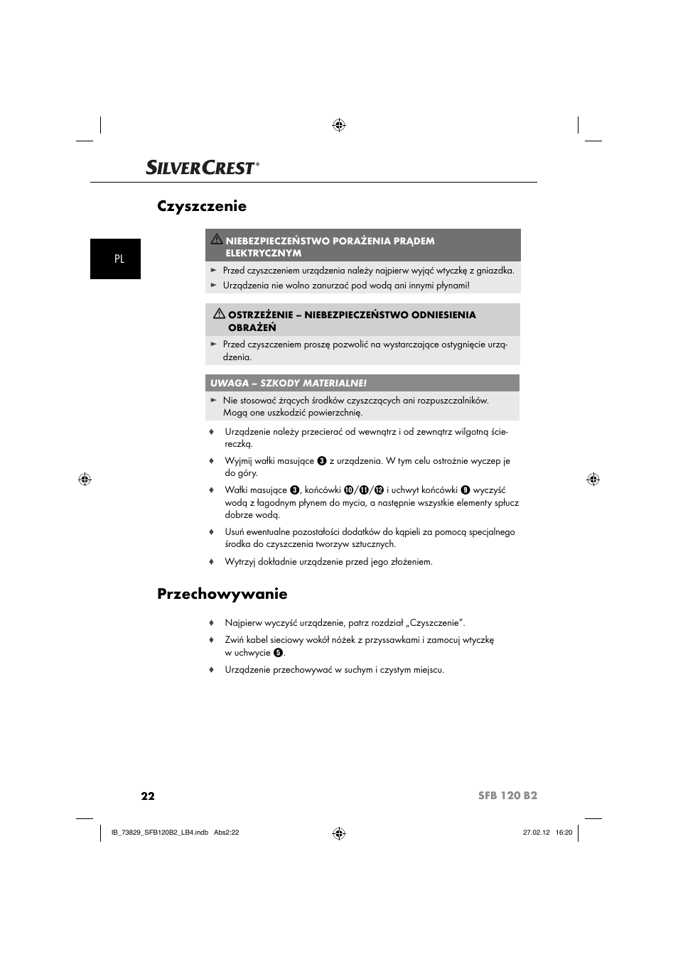 Czyszczenie, Przechowywanie | Silvercrest SFB 120 B2 User Manual | Page 86 / 86