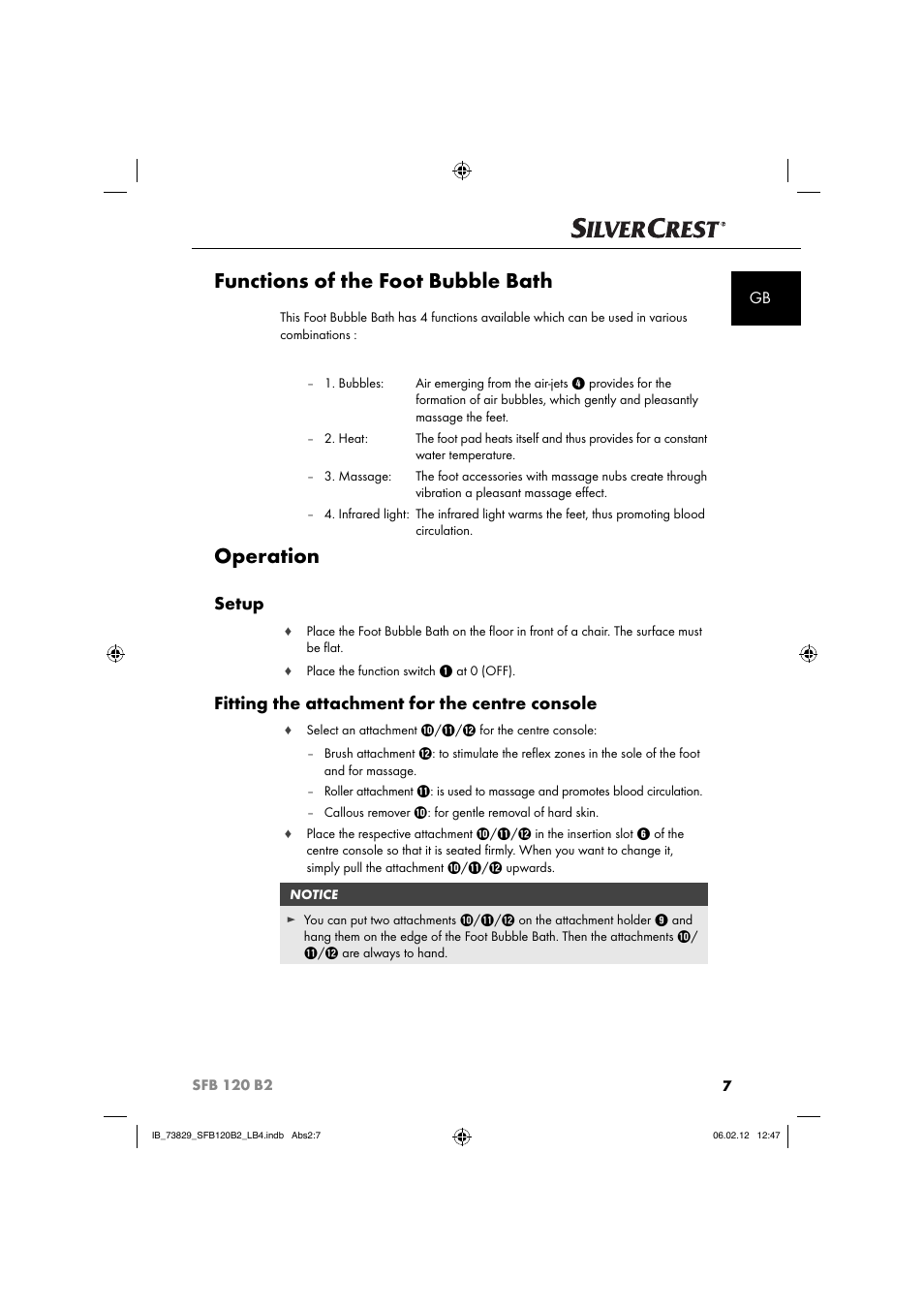 Functions of the foot bubble bath, Operation, Setup | Fitting the attachment for the centre console | Silvercrest SFB 120 B2 User Manual | Page 9 / 86