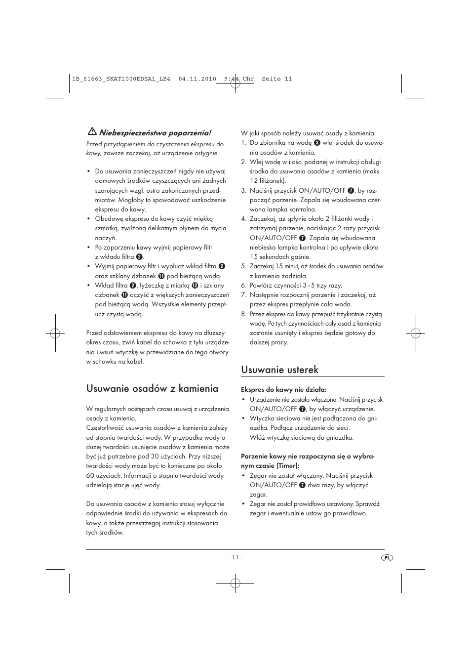 Usuwanie osadów z kamienia, Usuwanie usterek, Niebezpieczeństwo poparzenia | Silvercrest SKAT 1000 EDS A1 User Manual | Page 13 / 45