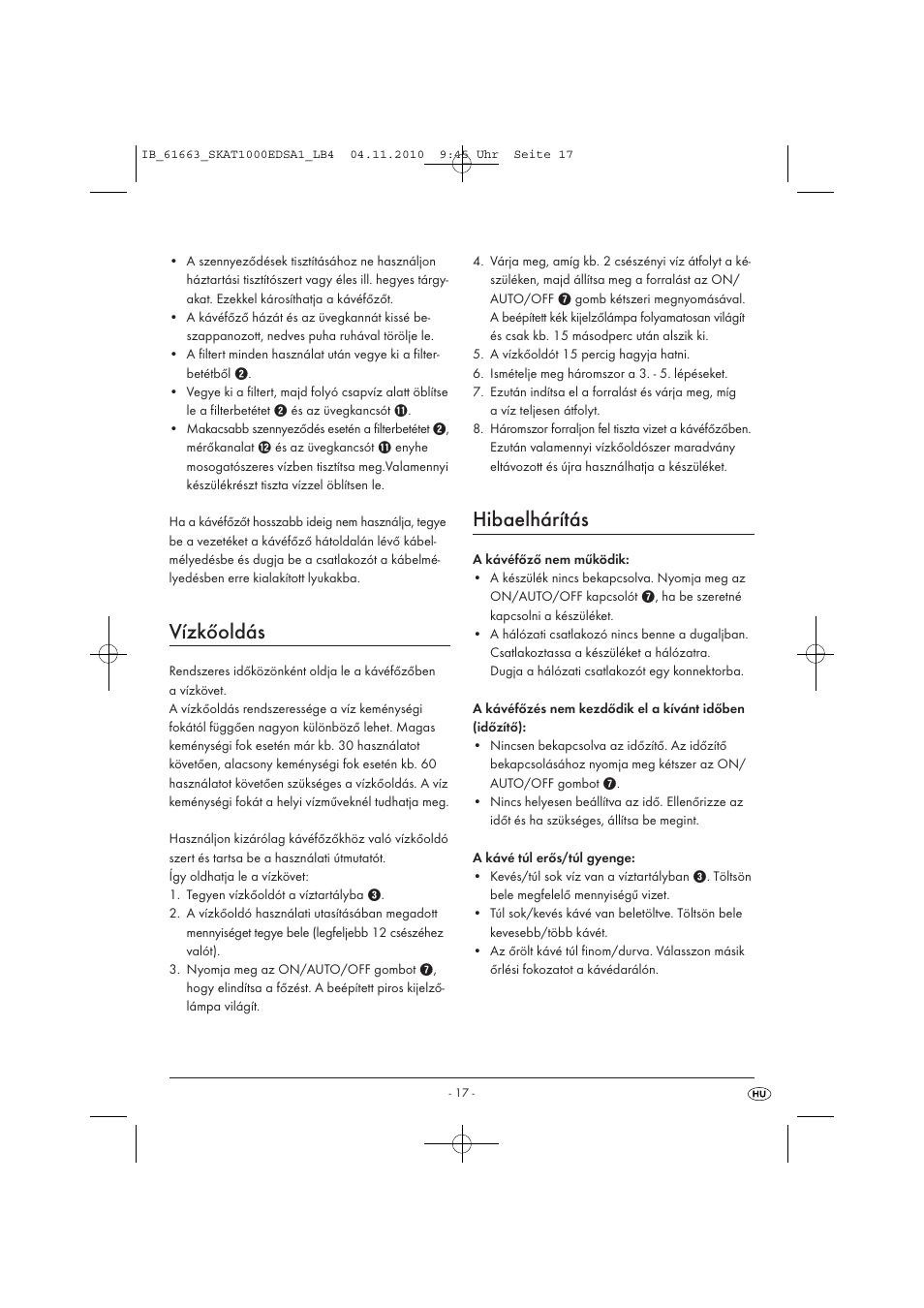 Vízkőoldás, Hibaelhárítás | Silvercrest SKAT 1000 EDS A1 User Manual | Page 19 / 45