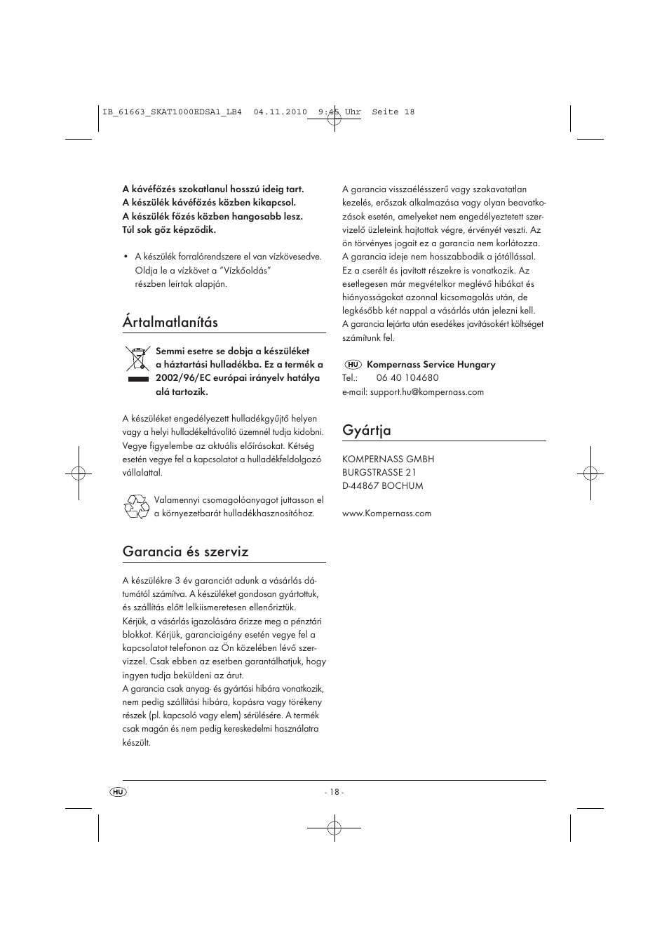 Ártalmatlanítás, Garancia és szerviz, Gyártja | Silvercrest SKAT 1000 EDS A1 User Manual | Page 20 / 45