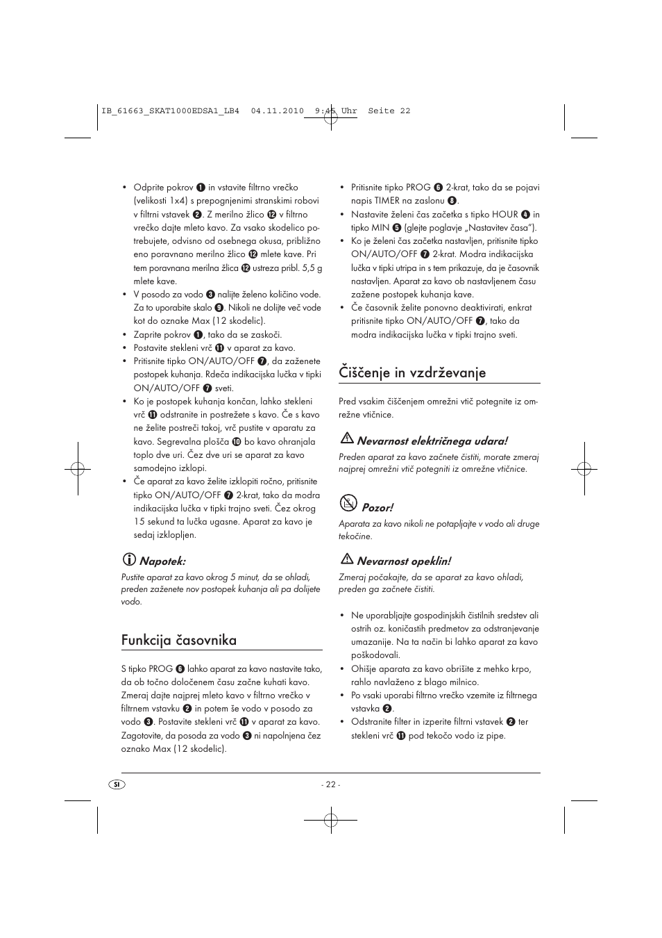Funkcija časovnika, Čiščenje in vzdrževanje, Napotek | Nevarnost električnega udara, Pozor, Nevarnost opeklin | Silvercrest SKAT 1000 EDS A1 User Manual | Page 24 / 45