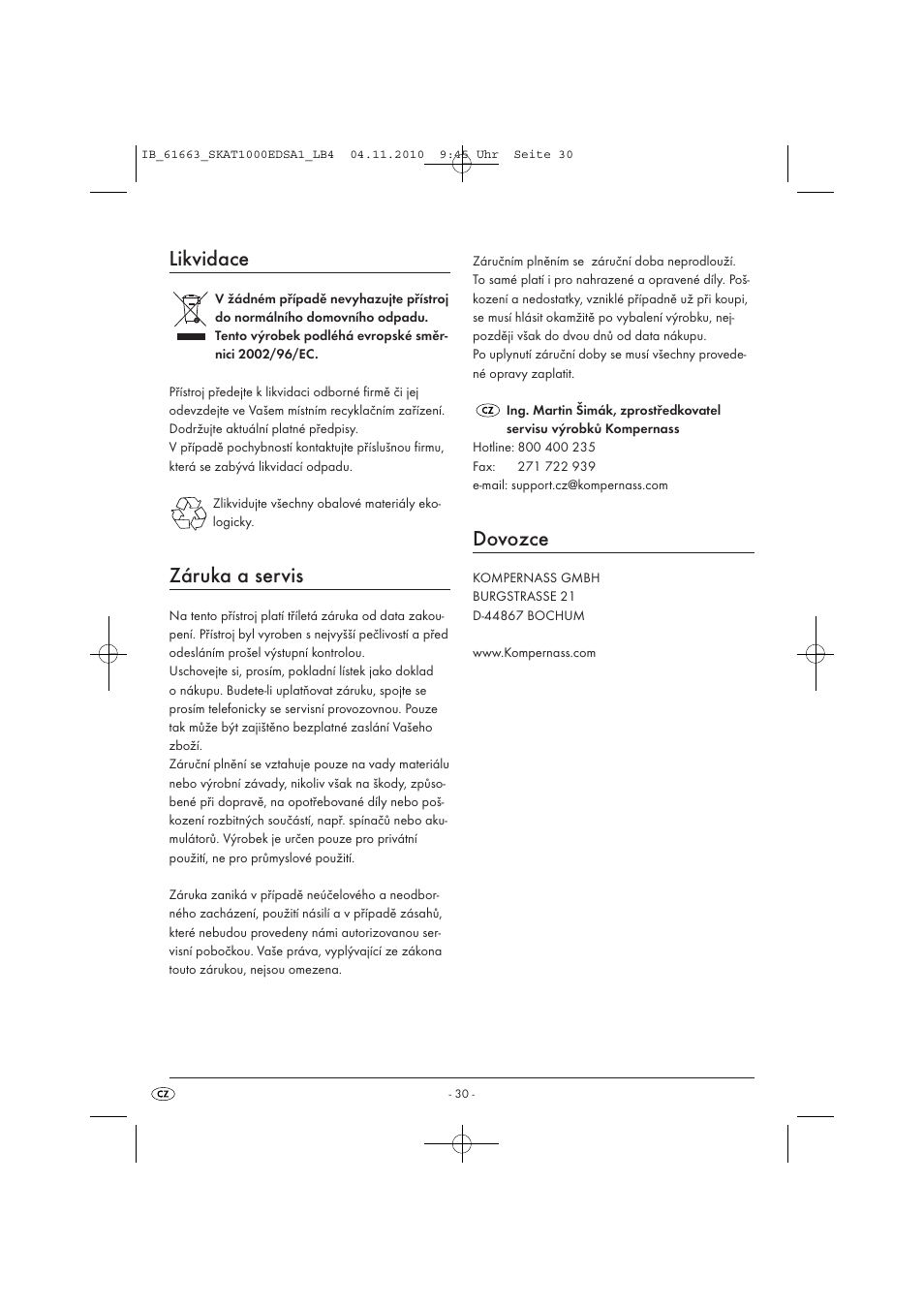 Likvidace, Záruka a servis, Dovozce | Silvercrest SKAT 1000 EDS A1 User Manual | Page 32 / 45