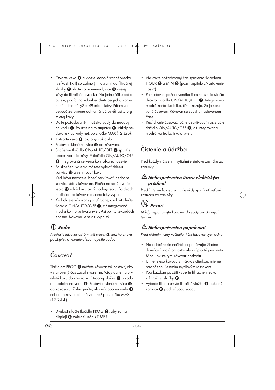 Časovač, Čistenie a údržba, Rada | Nebezpečenstvo úrazu elektrickým prúdom, Pozor, Nebezpečenstvo popálenia | Silvercrest SKAT 1000 EDS A1 User Manual | Page 36 / 45