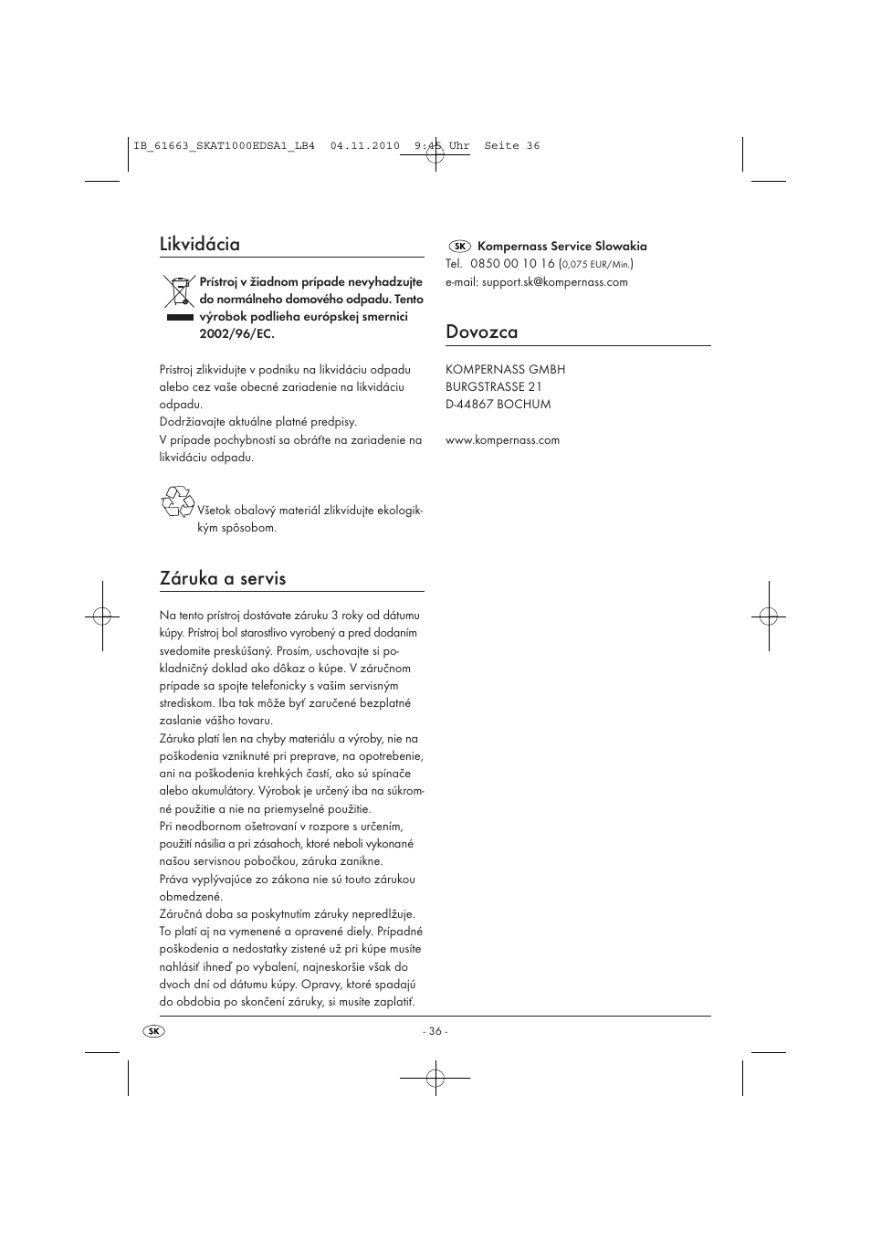 Likvidácia, Záruka a servis, Dovozca | Silvercrest SKAT 1000 EDS A1 User Manual | Page 38 / 45