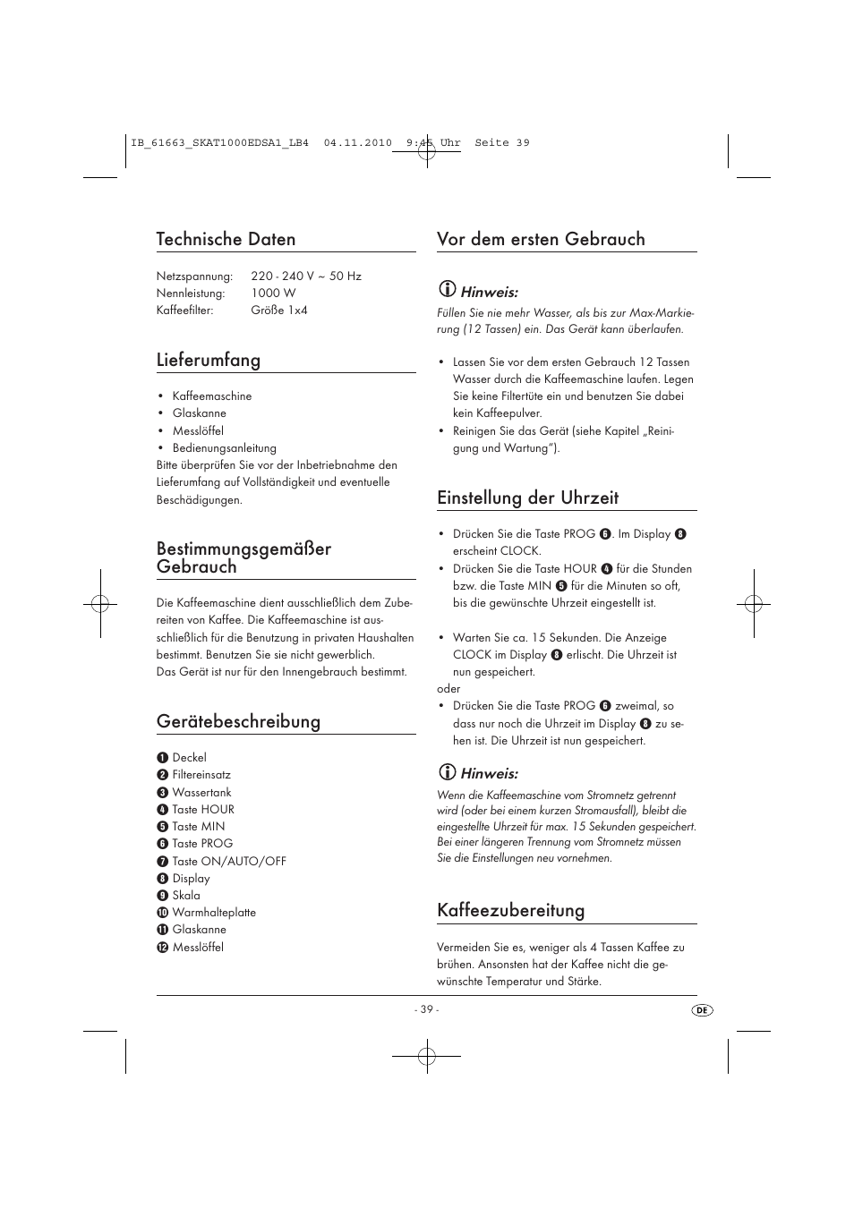 Technische daten, Lieferumfang, Bestimmungsgemäßer gebrauch | Gerätebeschreibung, Vor dem ersten gebrauch, Einstellung der uhrzeit, Kaffeezubereitung | Silvercrest SKAT 1000 EDS A1 User Manual | Page 41 / 45