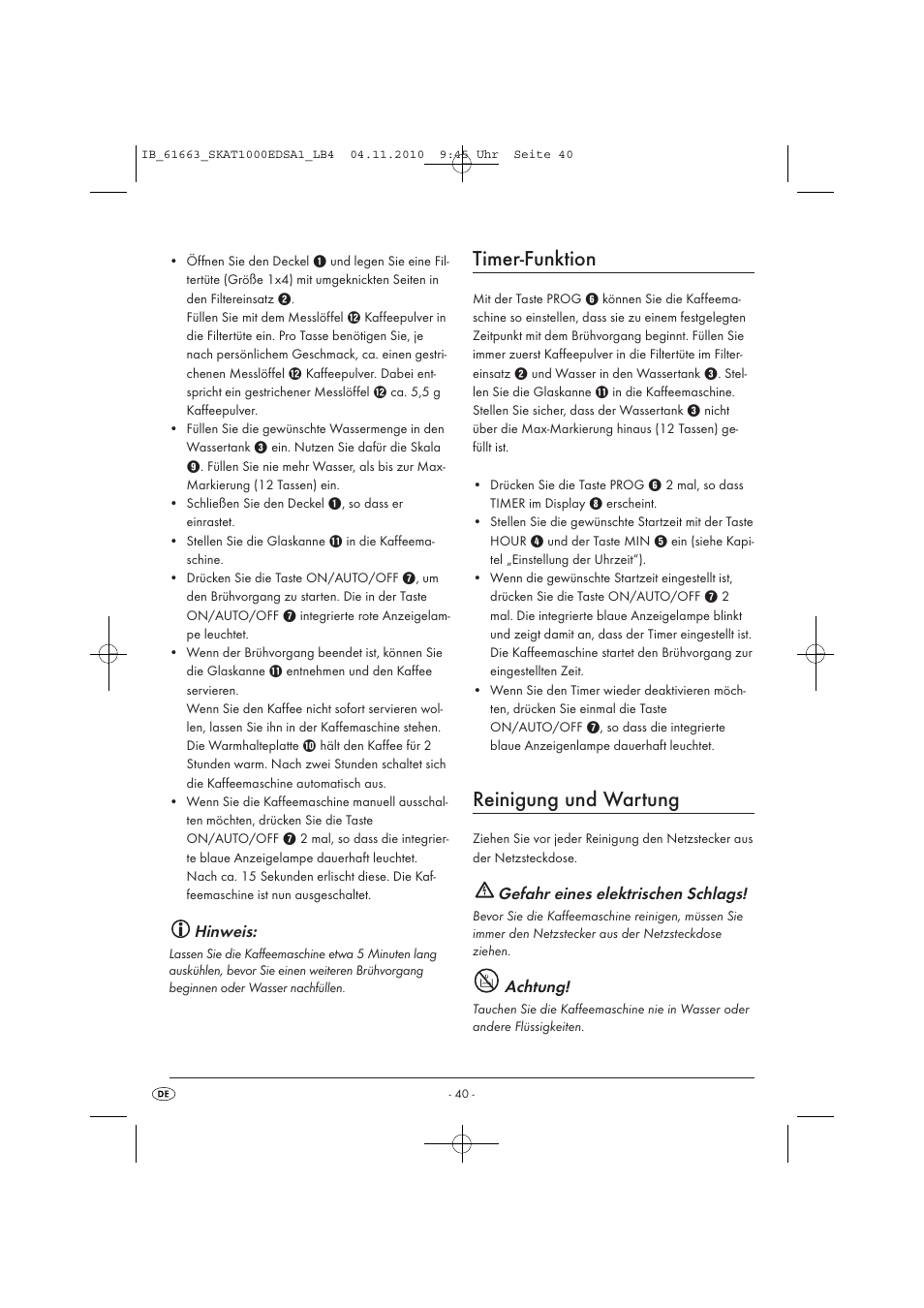 Timer-funktion, Reinigung und wartung, Hinweis | Gefahr eines elektrischen schlags, Achtung | Silvercrest SKAT 1000 EDS A1 User Manual | Page 42 / 45