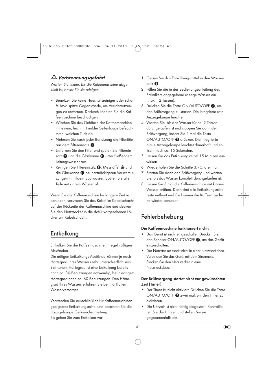 Entkalkung, Fehlerbehebung, Verbrennungsgefahr | Silvercrest SKAT 1000 EDS A1 User Manual | Page 43 / 45