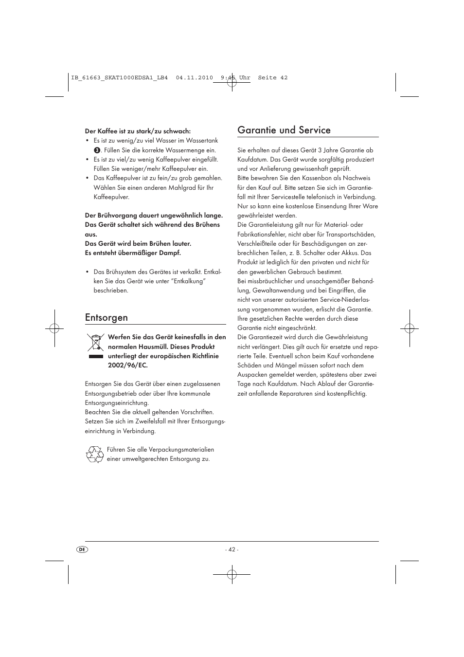 Entsorgen, Garantie und service | Silvercrest SKAT 1000 EDS A1 User Manual | Page 44 / 45