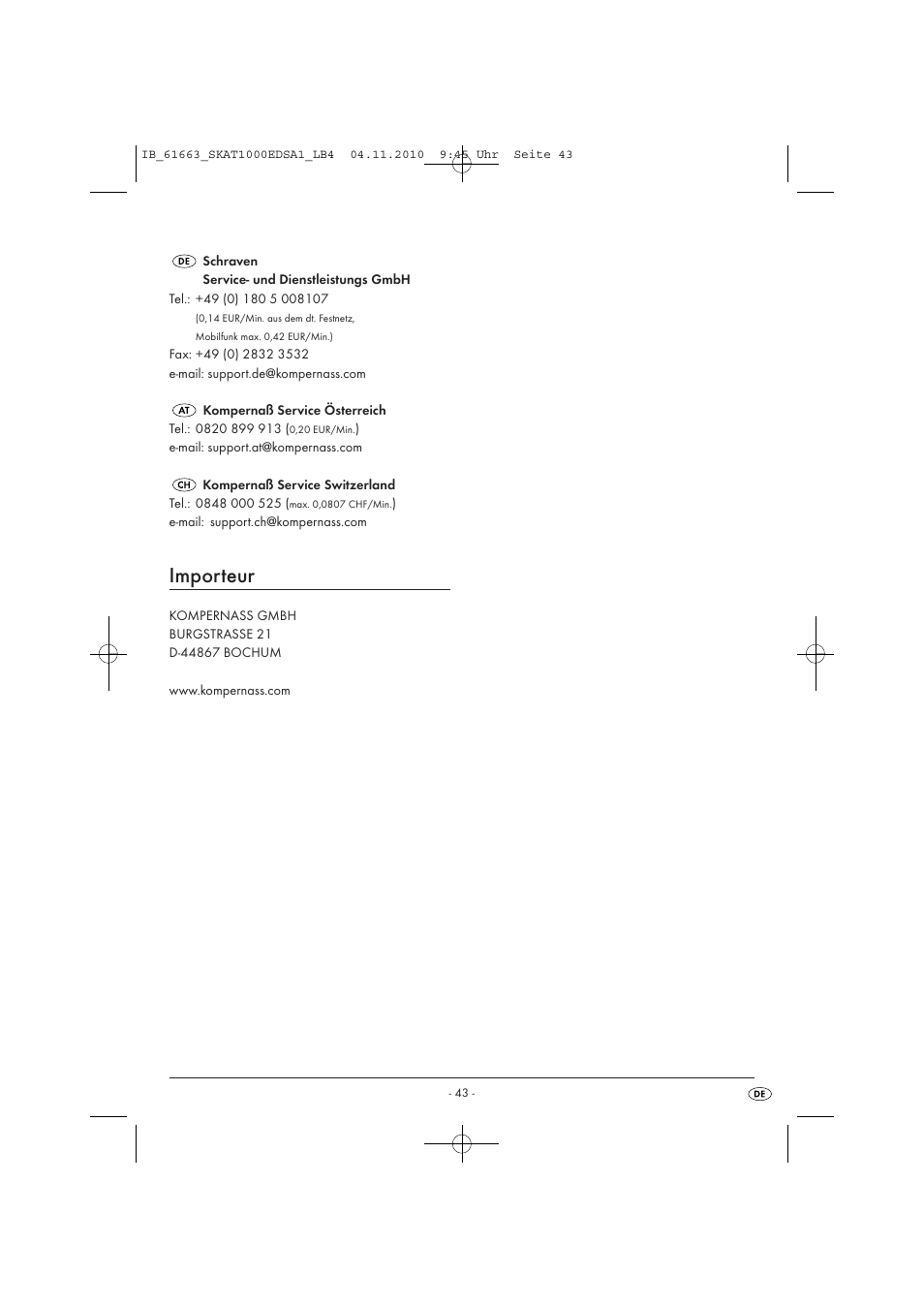 Importeur | Silvercrest SKAT 1000 EDS A1 User Manual | Page 45 / 45