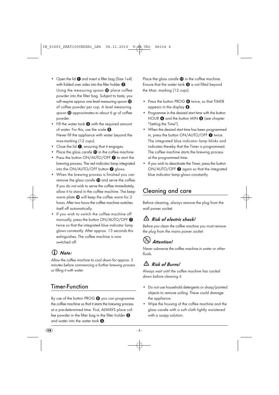 Timer-function, Cleaning and care, Risk of electric shock | Attention, Risk of burns | Silvercrest SKAT 1000 EDS A1 User Manual | Page 6 / 45