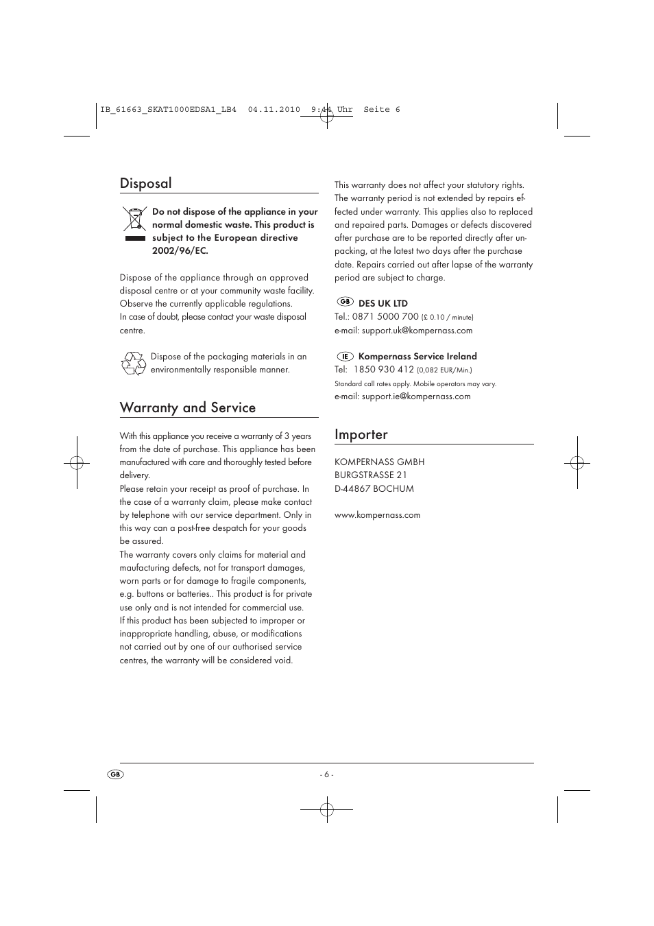 Disposal, Warranty and service, Importer | Silvercrest SKAT 1000 EDS A1 User Manual | Page 8 / 45