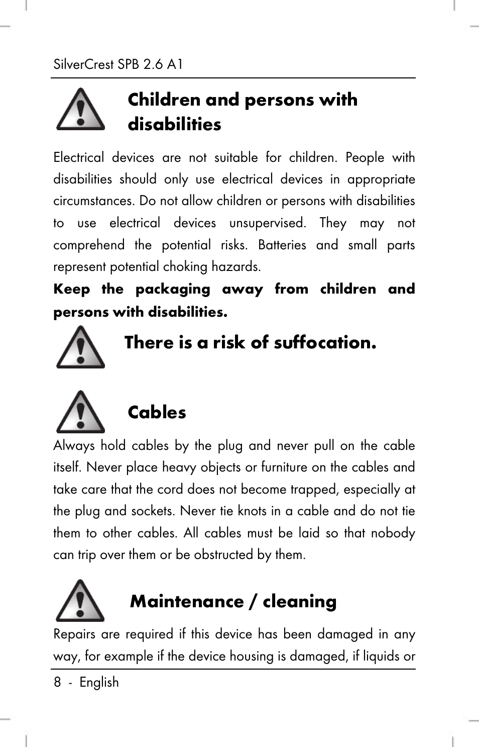 Children and persons with disabilities, There is a risk of suffocation, Cables | Maintenance / cleaning | Silvercrest SPB 2.6 A1 User Manual | Page 10 / 106