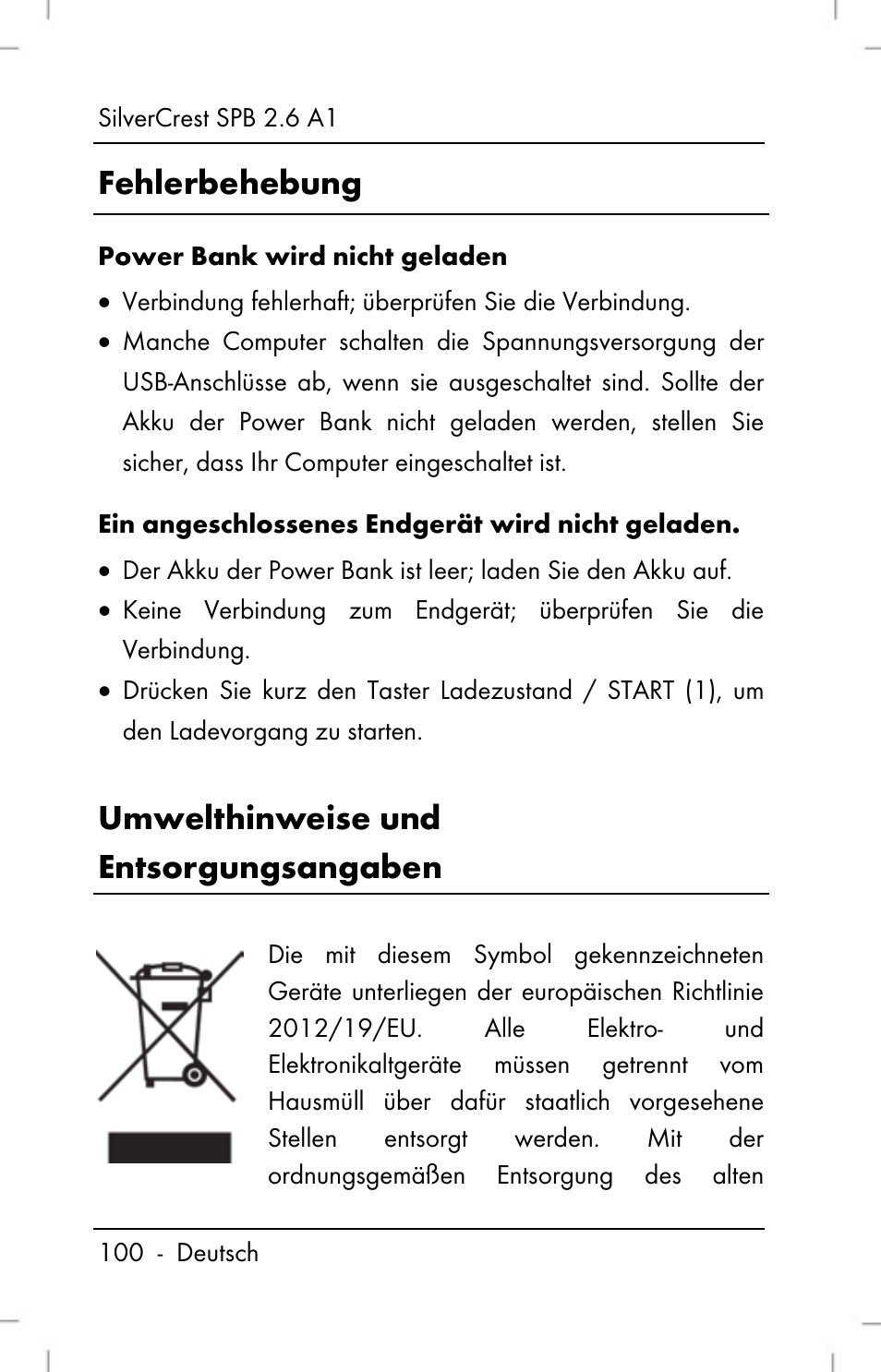 Fehlerbehebung, Umwelthinweise und entsorgungsangaben | Silvercrest SPB 2.6 A1 User Manual | Page 102 / 106